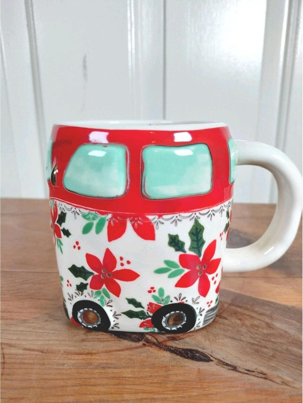 Natural Life Christmas Peace Bus Mug "Cup of Happy" Red Poinsettia Floral 14oz